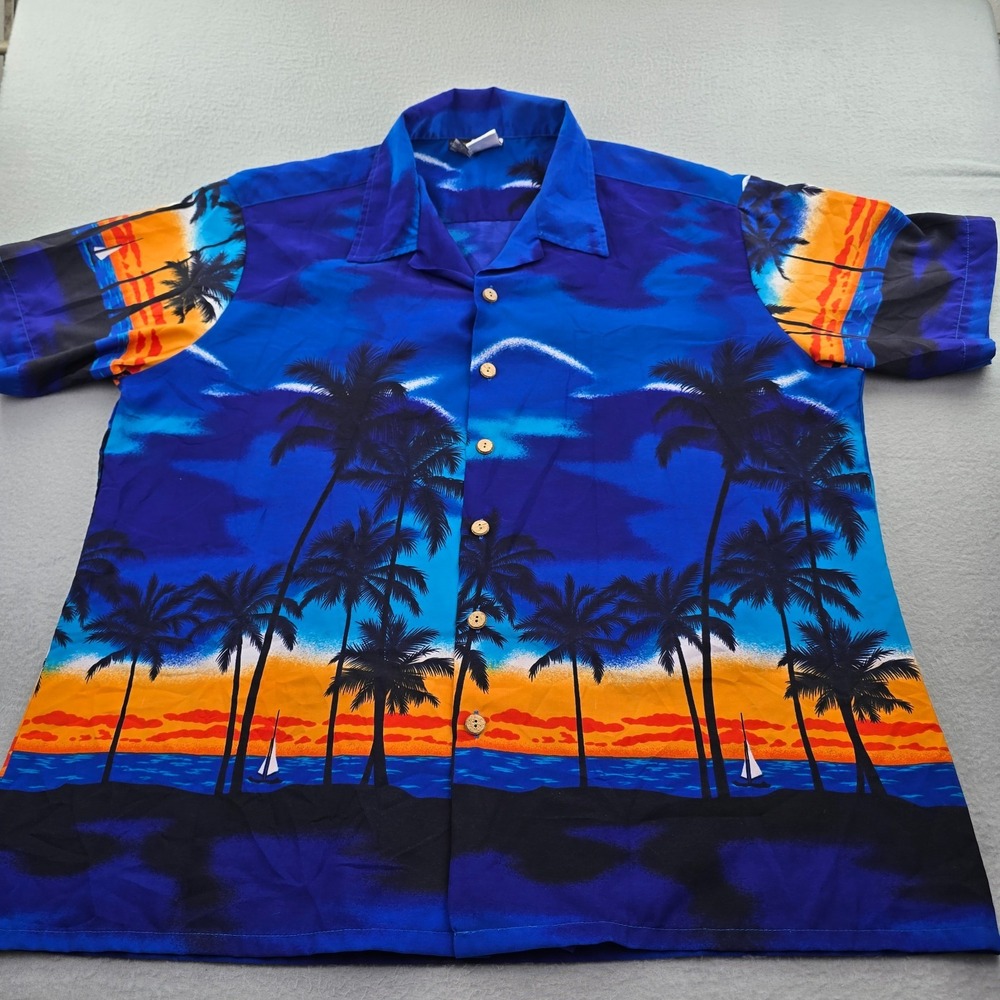 Kennington Hawaiian Shirt Mens 2XL Blue Black Aloha Palm Trees Sailboat Collared
